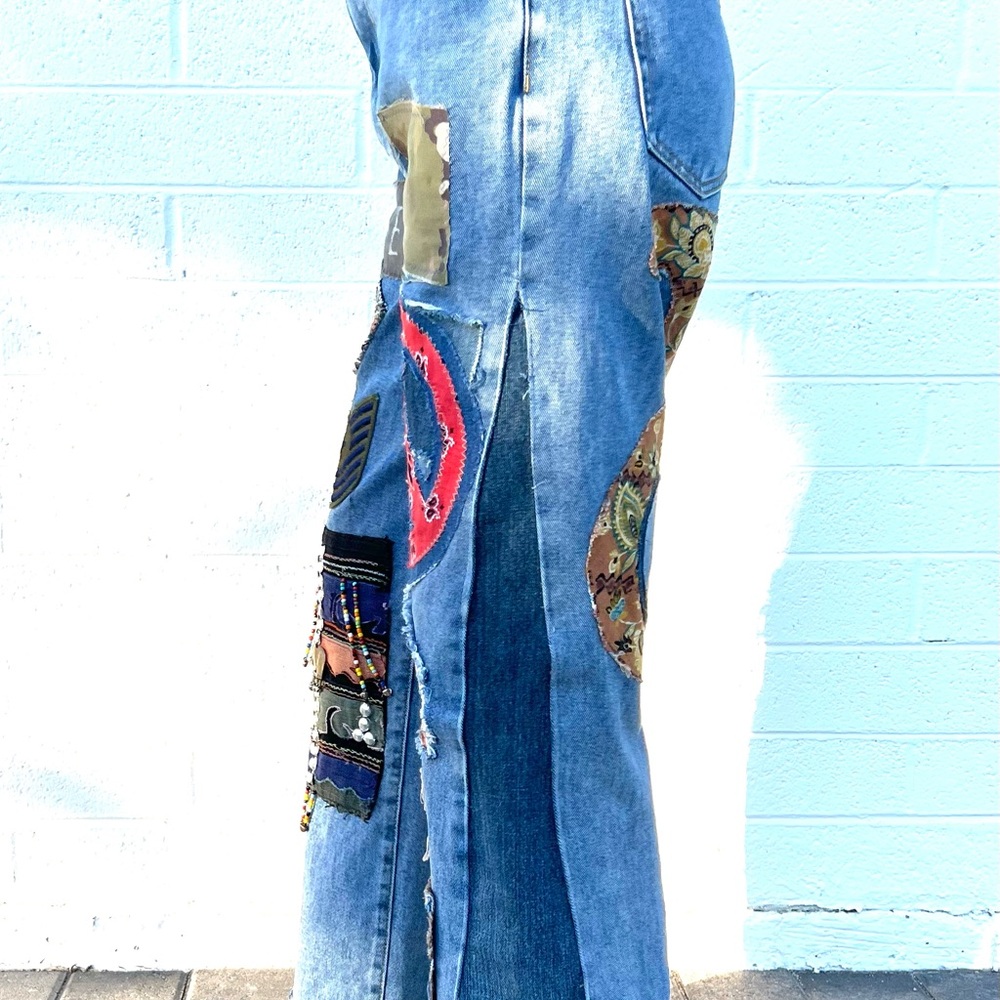 Upcycled Embellished Bohemian Patchwork Flare Jeans - Picture 8 of 10